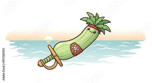 Cucumber with sword on beach shore.