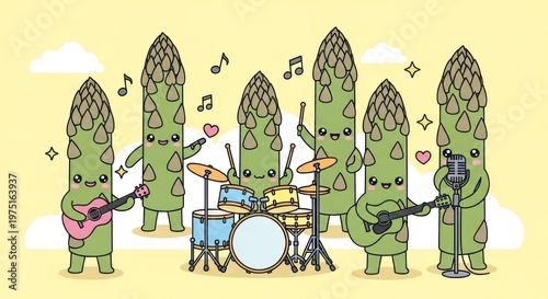 Asparagus cartoon characters playing music together.