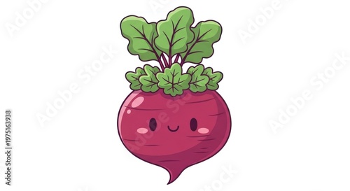 Smiling cartoon beetroot with green leaves.