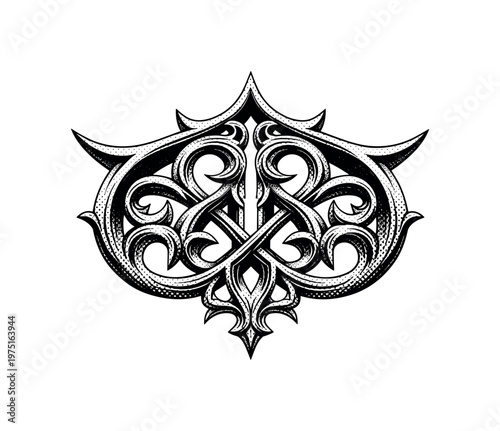 A stylized gothic insignia with flowing carved lines and bold ornamental structure, presented centrally with minimal composition, black and white halftone