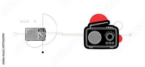 old electronics minimal collage with vintage radio, black and white radio cut-out with white outline, sparse geometric shapes like thin circles and simple