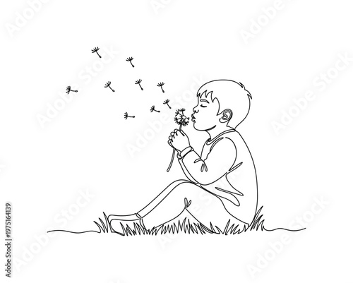 Nature Play. Minimalistic one-line drawing a child sitting in grass blowing a dandelion, seeds drifting around, continuous single black line on white