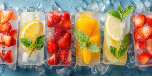 Colorful fruit ice pops with strawberries, lemon, mango and mint leaves on crushed ice over a blue background