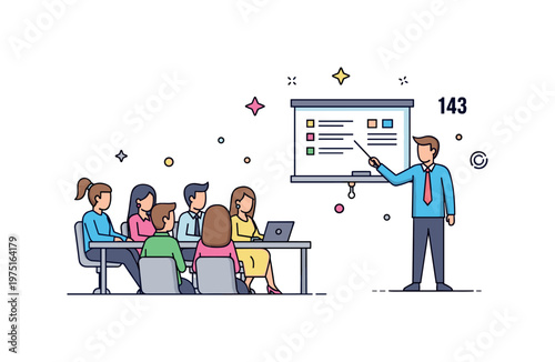 Business workshop training session with a group of professionals seated and a presenter pointing at a simple board conveying learning, collaboration, and