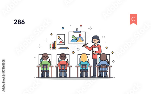 Classroom art workshop scene with students sketching at desks and a teacher offering guidance expressing creativity, mentorship, and artistic growth.