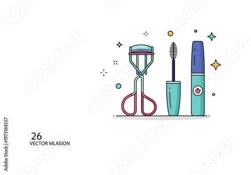 Makeup tool pairing with an eyelash curler and mascara arranged neatly with small decorative stars expressing simplicity, elegance, and daily beauty routine.