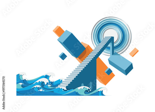surreal stairs rising above ocean waves, blue and orange geometric blocks intersecting the composition, circular halo element around staircase, strong negative
