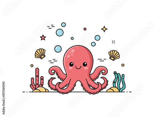 Cute marine play a cheerful octopus surrounded by a few floating shells and bubbles creating a lively balanced composition. A bright and friendly illustration