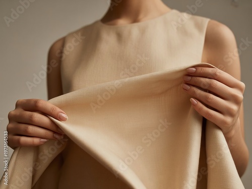 Elegant clothing fabric texture with hands touching soft material close up