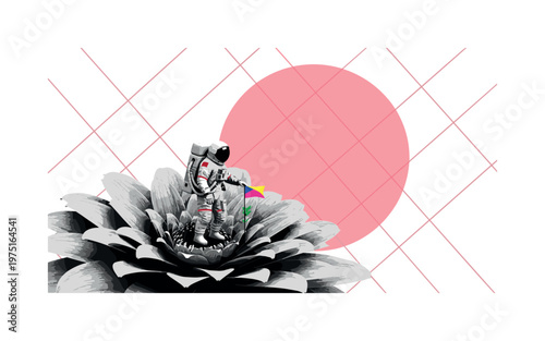 surreal astronaut on oversized flower surface planting a flag, large pink circle and diagonal grid lines in background, symbolic conceptual composition, high