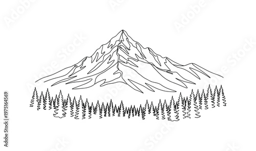 Scenic Nature. Minimalistic one-line drawing a mountain peak with pine trees in the foreground, continuous single black line on white background, simple