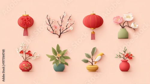 Colorful floral decorations and lanterns on a soft peach background.