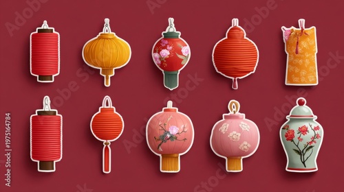 Colorful paper lanterns and a decorative dress on a bold red background.