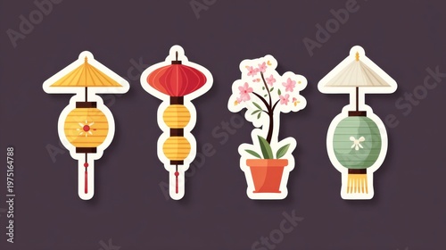 Colorful decorative lanterns and a blooming plant on a dark background.