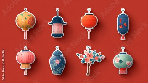 Colorful decorative Chinese lanterns and flower vases on vibrant red background.