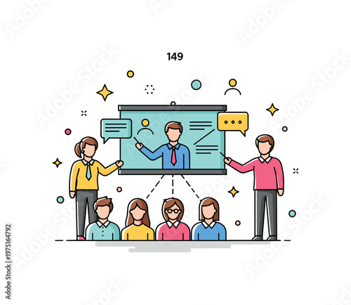 Corporate workshop collaboration scene showing team members engaged with a presenter and shared content expressing communication, engagement, and teamwork.