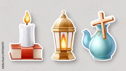 Three decorative icons: a lit candle, lantern, and vintage teapot with a cross.