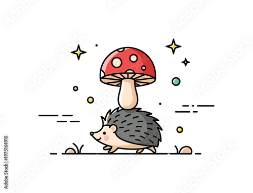 Tiny hedgehog journey a small hedgehog walking slowly while balancing a mushroom with soft motion accents and minimal ground detail. The composition conveys