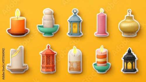 Colorful decorative candles and lanterns on a vibrant yellow background.