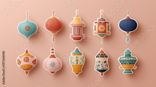 Colorful decorative ornaments in various styles against a soft peach background.