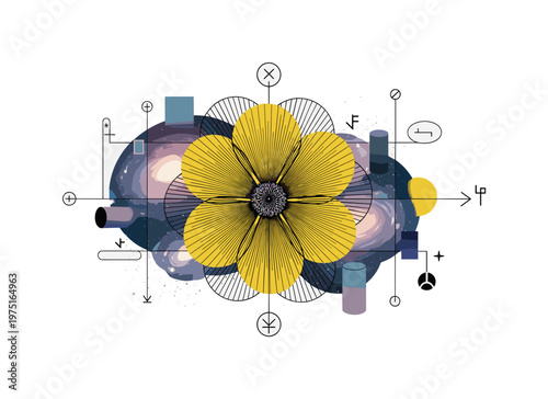 front view of large flower with cosmic background, yellow semicircles and thin black lines suggesting light and motion, abstract cylinders and symbols around,