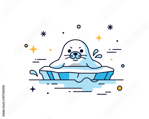 Polar wildlife charm a curious baby seal peeking over the edge of a small ice floe with subtle water splashes and playful motion accents. A friendly and