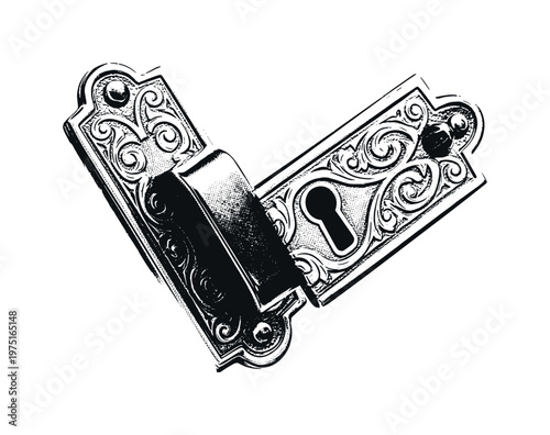 An antique cabinet lock plate with engraved symmetrical flourishes and subtle wear texture, partially cropped for dynamic composition, black and white halftone