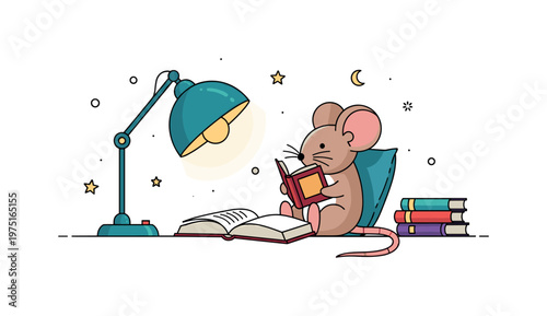 Late night reader a small mouse sitting comfortably with an open book and a glowing lamp casting soft shadows around. A warm and intimate visual representing