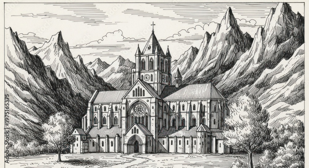Obraz premium Gothic church in mountain landscape scene.
