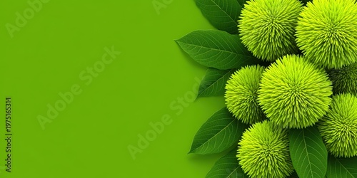 Green spiky pom pom flowers with lush leaves on a bright green background with copy space