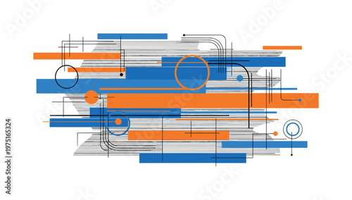 horizontal noise bands with vivid color accents, monochrome static stripes layered with blue and orange rectangular bands, circular accents and structured