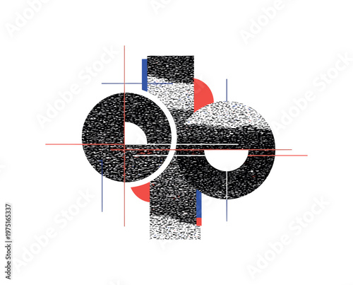 static noise texture forming central abstract composition, black and white grain pattern cut-out with white outline, bold modern shapes like circles and