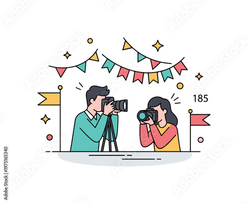 Festival photo moment featuring a photographer with a camera and colorful flags or light elements conveying outdoor celebration, culture, and vibrant energy.