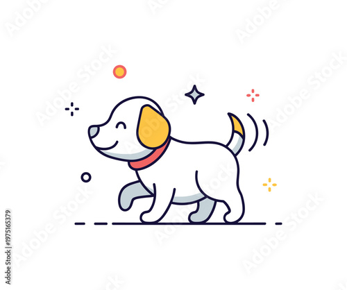 Playful puppy wag a tiny dog with a wagging tail and soft smile with minimal decorative sparkles enhancing the mood. A light and engaging illustration of