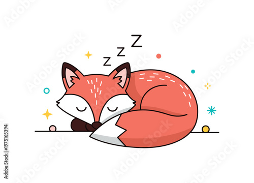 Peaceful fox sleep a cute fox resting curled with closed eyes and subtle decorative dots enhancing calm mood. The scene highlights tranquility and warmth,
