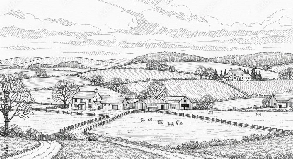 Fototapeta premium Rural landscape with rolling hills and fields.