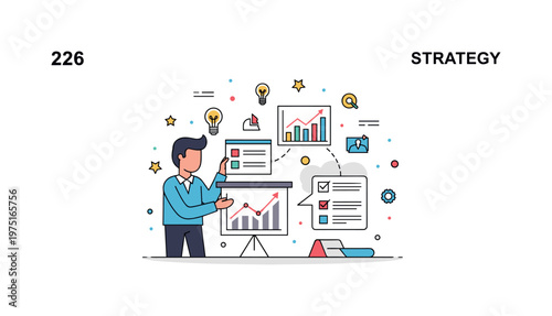Business strategy setup with a person arranging presentation elements like graphs, bullet points, and small idea icons expressing planning and structured