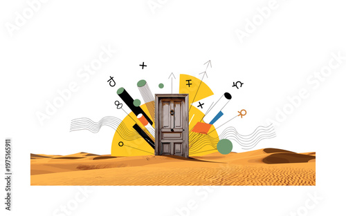 front view of classic door standing in sand dunes, yellow semicircles and thin black lines suggesting heat and motion, abstract cylinders and symbols around,