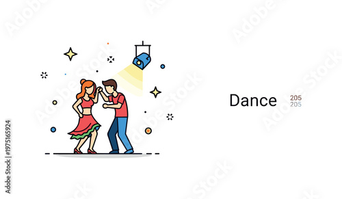 Salsa night atmosphere featuring a dancing couple, small spotlight element, and subtle ?Dance? label conveying celebration, rhythm, and social connection.