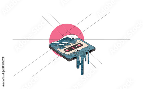 cassette tape melting into surreal ocean waves, large pink circle and diagonal grid lines in background, symbolic composition with clean shapes, cut-out