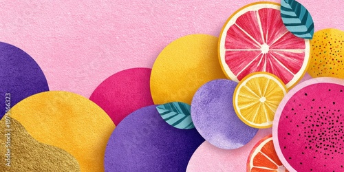 Colorful abstract citrus fruit collage on pink textured background with overlapping circles and tropical summer vibe