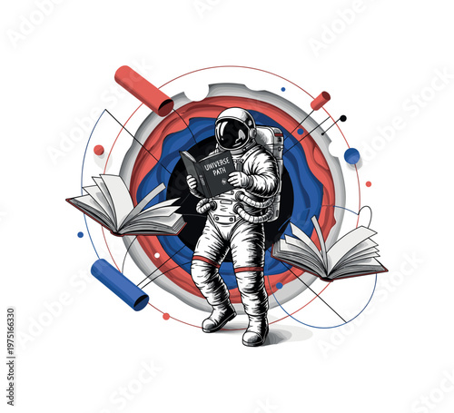 astronaut reading universe path with floating geometric lines circles and cylinders, black and white vintage astronaut stepping between open books drifting in