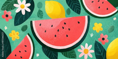 Colorful summer pattern with watermelon slices, lemons, leaves and flowers on a bright green background