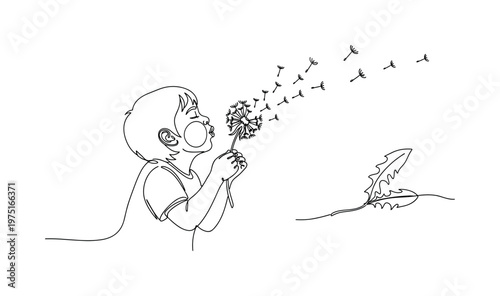 Wishful Thinking. Minimalistic one-line drawing a child making a wish while blowing a dandelion, continuous single black line on white background, simple