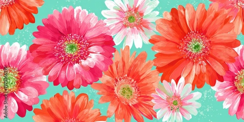 Colorful gerbera daisy pattern with pink and orange flowers on a turquoise background