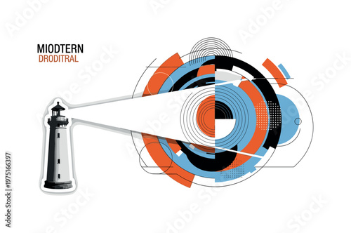 cosmic lighthouse beam with geometric circles semicircles and abstract blocks, black and white vintage lighthouse projecting light beam into star-filled cosmos