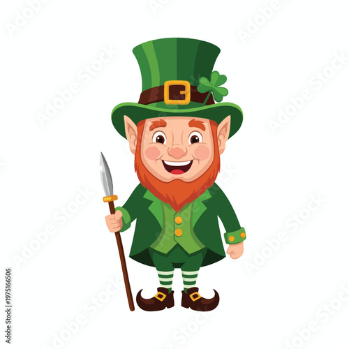 A smiling leprechaun in a green hat and suit holds a spear, isolated on white