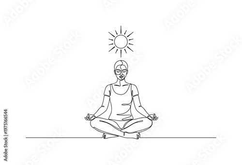 Sun Meditation. Minimalistic one-line drawing a person sitting in meditation with a sun centered above, continuous single black line on white background,