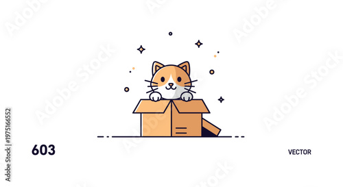 Mini playful cat box adorable tiny cat peeking from a cardboard box with a gentle smile and tiny decorative sparkles enhancing the whimsical scene. Minimalist