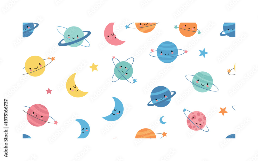 Fototapeta premium cute celestial bodies seamless pattern, repeating pattern, surface design, textile print, soft color palette, modern illustration, flat vector playful planets,